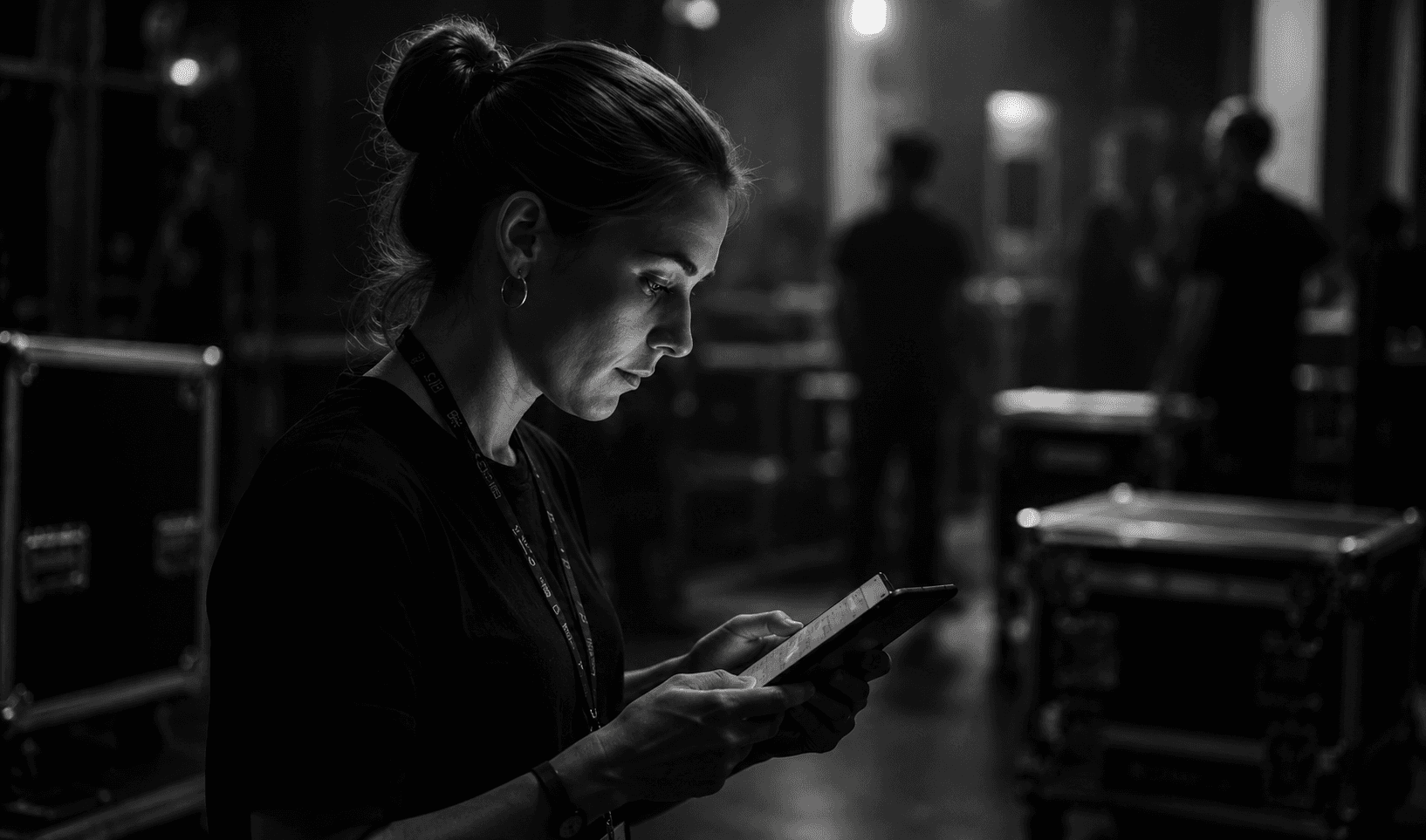 Profesional de eventos revisando información antes de una jornada de producción