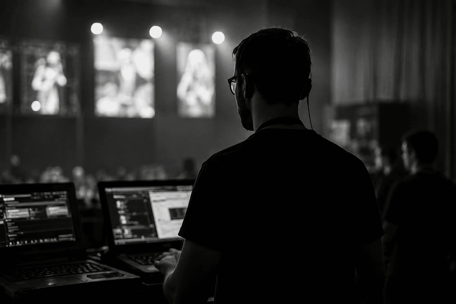 Técnico de producción coordinando el equipo desde el control de un evento